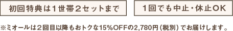 初回特典は1世帯2セットまで。1回でも中止・休止OK